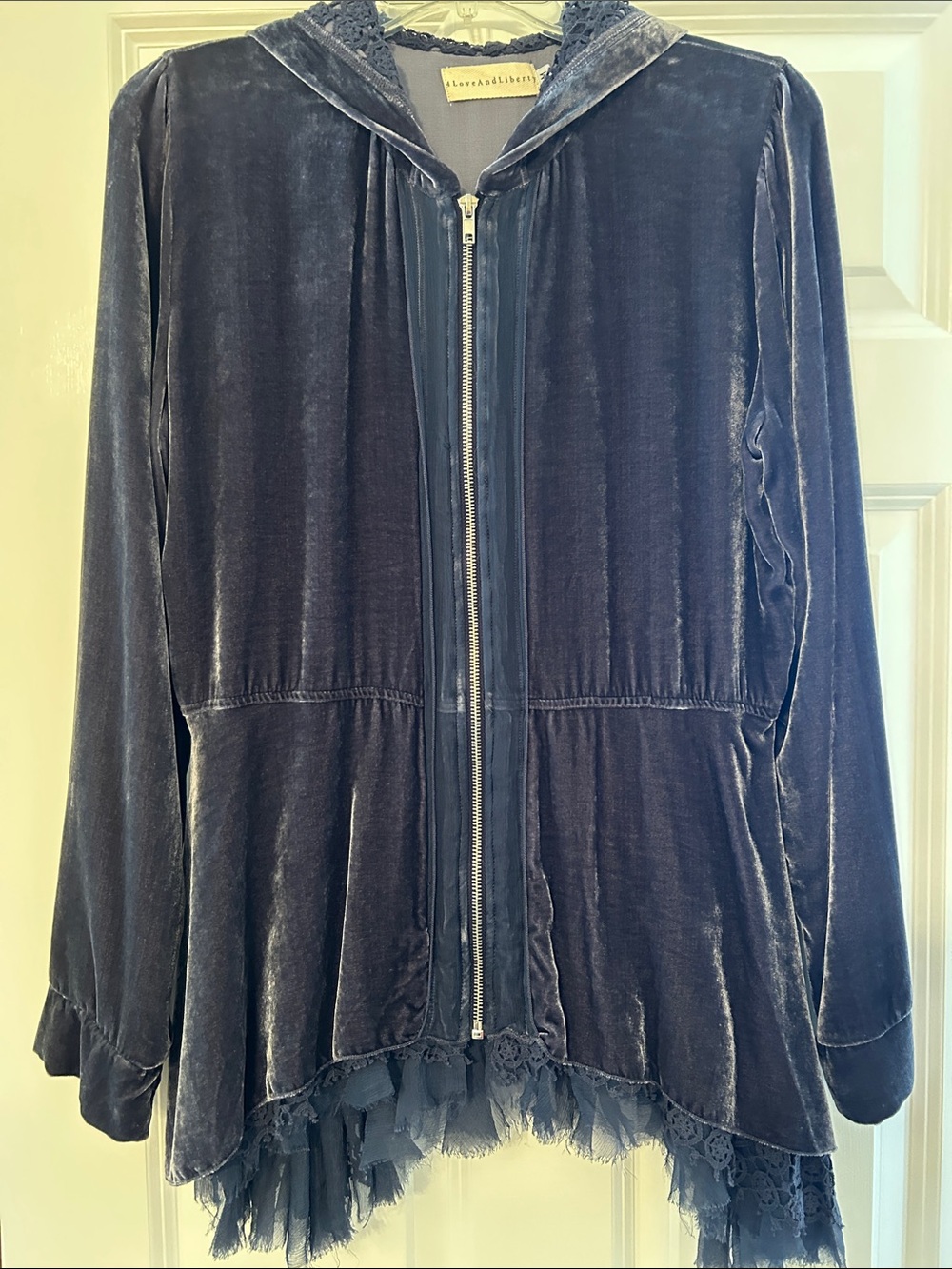 Velvet Zip-Front Hooded Jacket with Tulle Hem - Blue